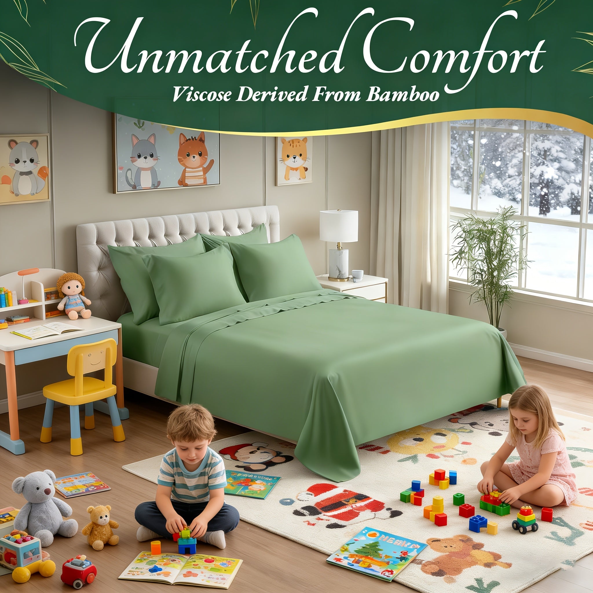 Bamboo Bedding Sheet & Pillowcase Sets - Viscose Derived From Bamboo Sheets 4pcs - Ultra Soft & Luxuriously Cooling, 20-40cm Deep Pocket, Double Stitching, Perfect for Child Hot Sleepers - Kids Room Decor