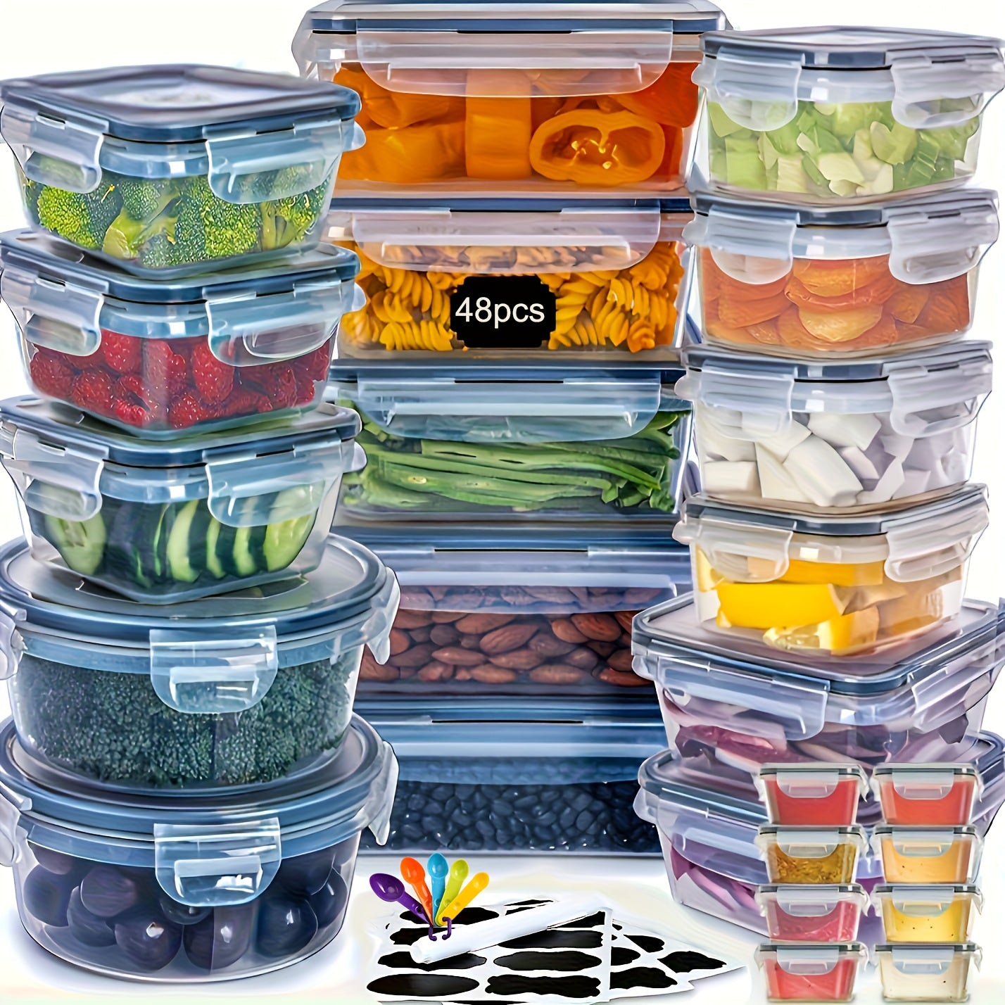 48pcs Airtight Food Storage Containers Set with Easy-Secure Locking Lids (24 Containers + 24 Lids) - Microwave-Safe, Leakproof & Stackable Plastic Food-Safe Round Containers with Labels & Marker for Pantry, Kitchen, Travel, Picnic Organization - Reusable,