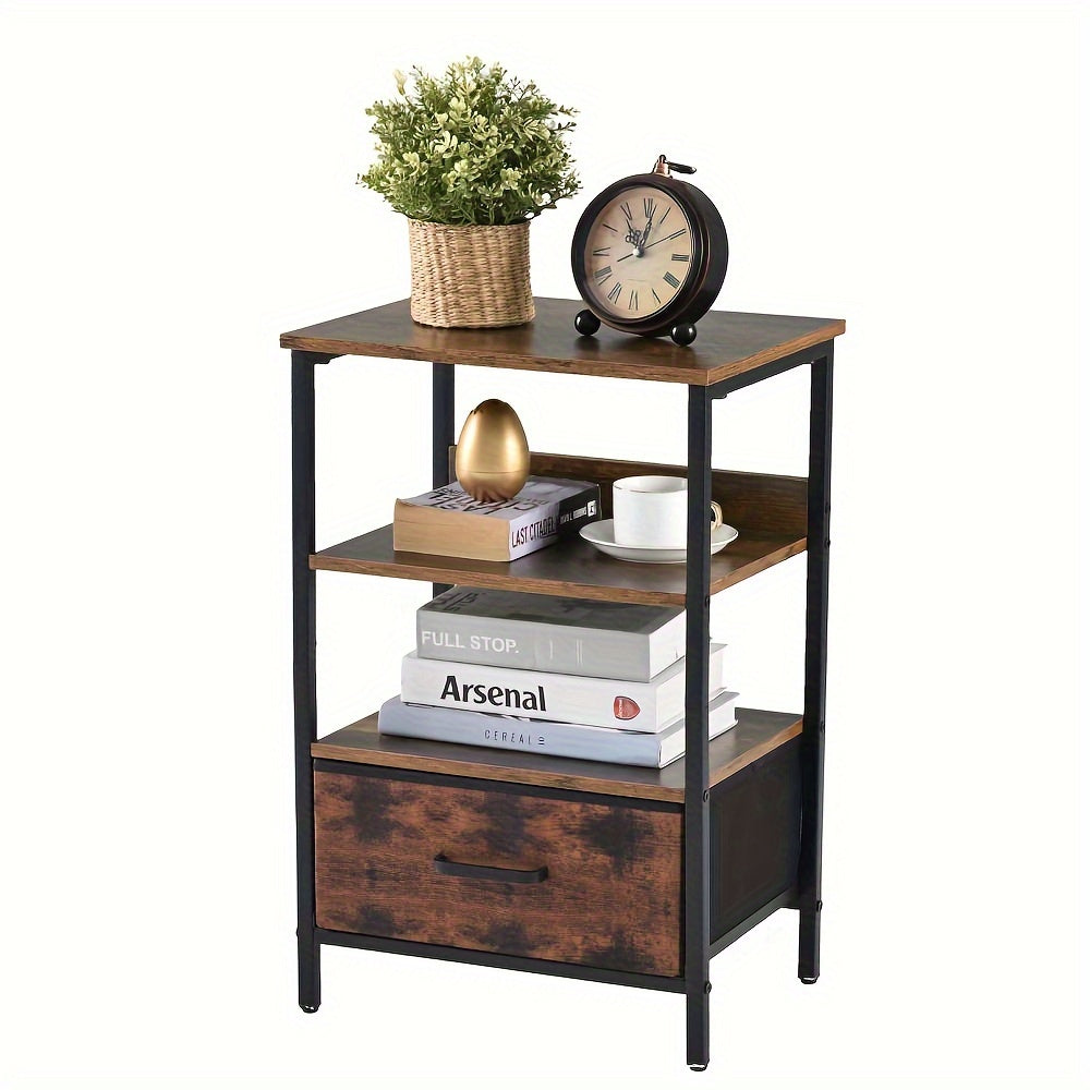 Newmetal Storage Drawer Units, 3 Tier Modern Nightstand Organizer, Tall End Table with Drawer, Beside Table with Metal Frame And MDF Board for Living Room, Bedroom, Office, Brown