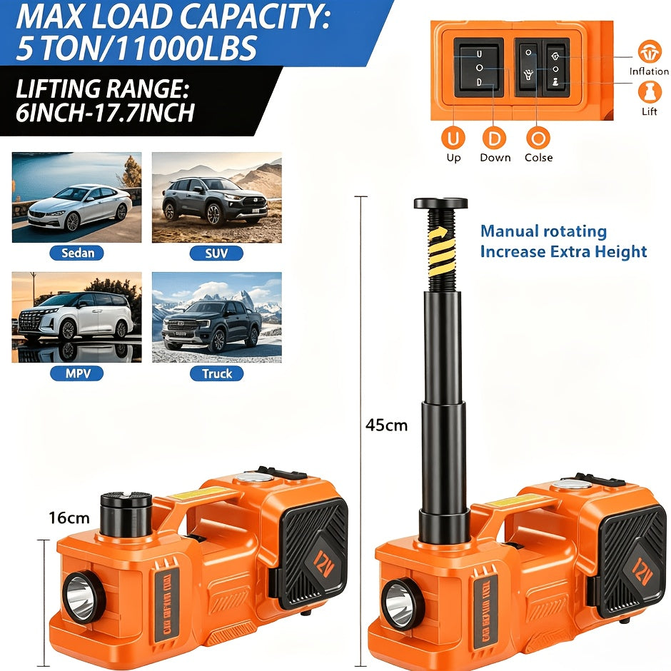 Dinshare Electric Car Jack 5Ton 12V Kit Car Jack Hydraulic (Lifting Range: 15.49-44.96 cm) with Inflator Electric Jack for Car SUV Sedan MPV Change Tires Garage Repair Emergency Kits, Impact Wrench And Tire Gauge Air Pump Floor Jack