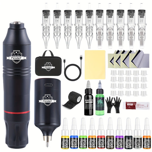 Professional Tattoo Pen Kit - Wireless Tattoo Gun Kit - Rotary Tattoo Machine Kit with Power Supply - 10pcs Cartridge Needle - Complete Tattoo Kit for Tattoo Artist - Tattoo Supplies