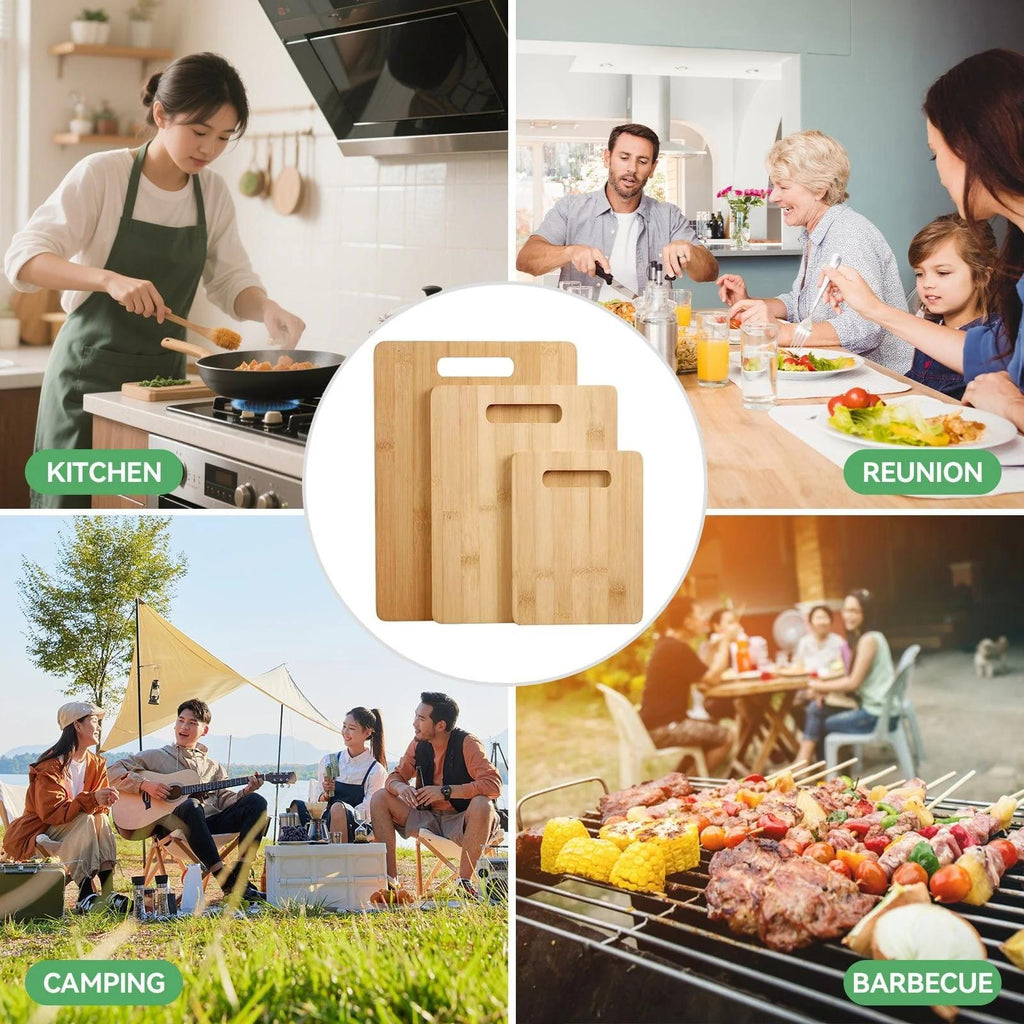 3pcs Bamboo Cutting Board Set, Reversible Wooden Cutting Board Set Serving Tray with Handles, 3pcs Set Wooden High Quality, Thick Chopping Board for Meat Fruit Veggies Cheese, 3 Assorted Sizes Of Bamboo Wood Cutting Boards for Kitchen,
