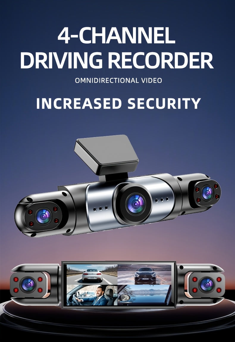 Vehicle-mounted 4-channel 360-degree Panoramic Dash Cam, Featuring A 3-inch IPS HD Screen With Front And Rear Built-in Cameras, Four Lenses Covering Front, Rear, Left, And Right, 1080P HD Quality + 8 Infrared Night Vision, Loop Recording, G Sensor