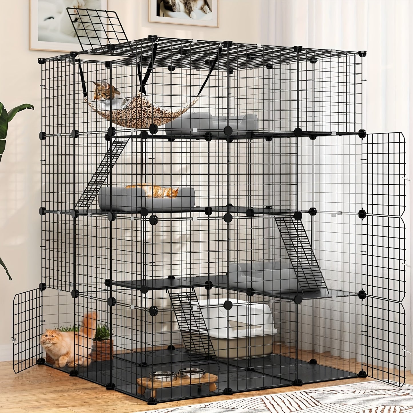 Advwin Cat Cage 4-Tier 141cm Large Enclosure with Hammock, DIY Pet Playpen, Detachable Metal Wire Crate for 1-4 Cats, Indoor/Outdoor Small Animal House with Secure Safety Door