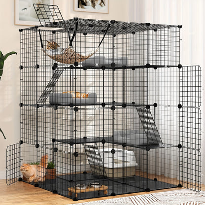 Advwin Cat Cage 4-Tier 141cm Large Enclosure with Hammock, DIY Pet Playpen, Detachable Metal Wire Crate for 1-4 Cats, Indoor/Outdoor Small Animal House with Secure Safety Door