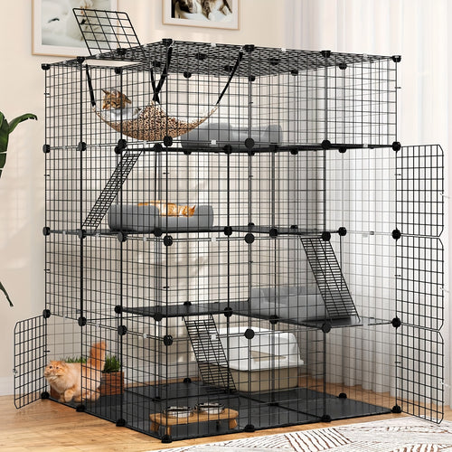 Advwin Cat Cage 4-Tier 141cm Large Enclosure with Hammock, DIY Pet Playpen, Detachable Metal Wire Crate for 1-4 Cats, Indoor/Outdoor Small Animal House with Secure Safety Door