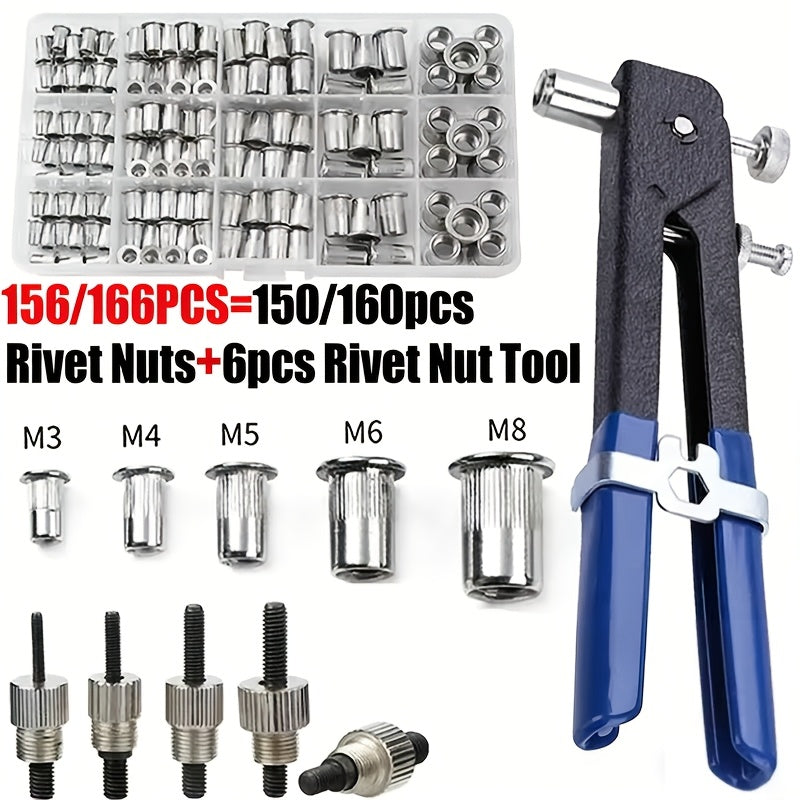 156/166Pcs Rivet Nut Tool Kit, Rivnut Tool, Metric Rivet Nut Combination (M3/M4/M5/M6/M8) Nutsert Tool Kit, Suitable for Automotive, Marine, Decoration, Furniture, Industry, Rivet Nut Set