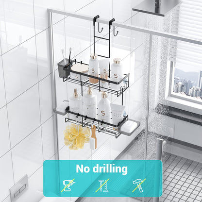 Over the Door Shower Caddy Hanging: Black Rustproof Shower Organizer Over the Door - No Drilling Bathroom Rack for Inside, Shower Caddies