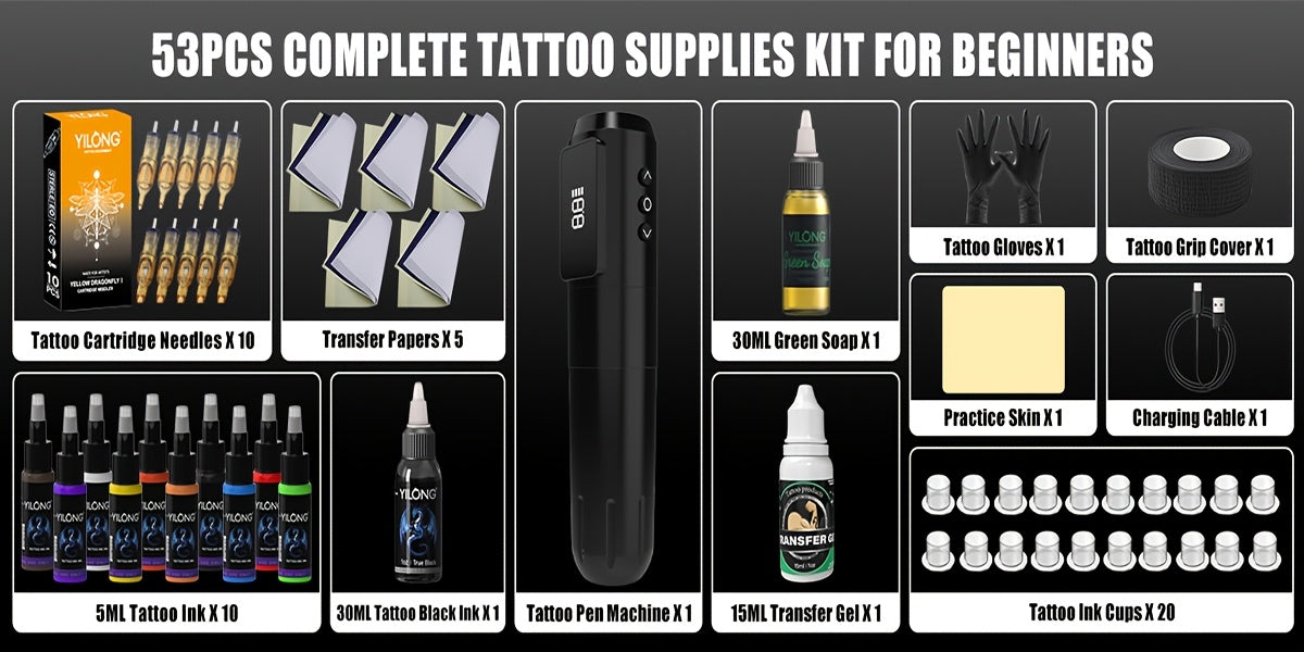 YILONG Wireless Tattoo Machine Kit Complete, Rotary Tattoo Gun, 7 Hour Battery Life, Cordless Tattoo Pen, 10 Cartridge Needles, 10 Ink, Extra Black Ink,, Transfer Gel, 1 Green Algae,, Full Tattoo Supply Equipment for Beginners, Body Art Makeup Gift