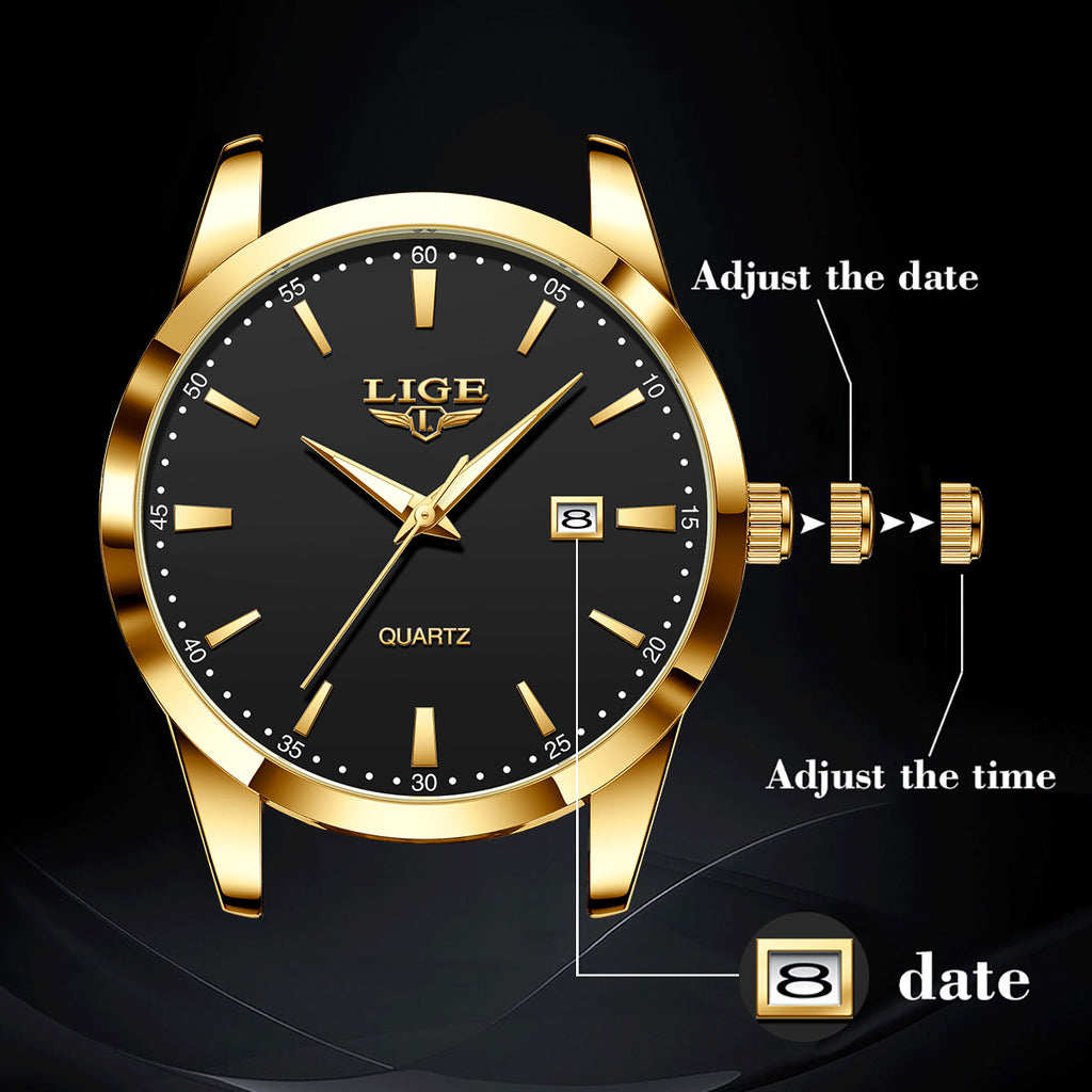 LIGE Fashion Brown Faux Leather Watch for Men, Sports Quartz Wristwatch, Casual Chronograph