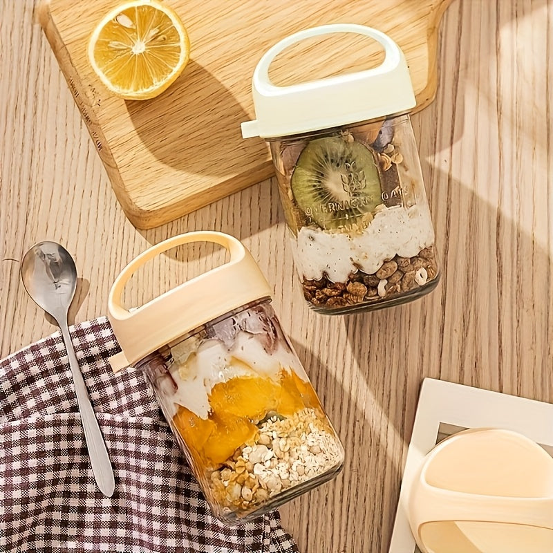 2Pack Overnight Oats Containers with Lids and Handle, 410ml Airtight Oatmeal Container, Mason Jars with Lid for Cereal, Milk, Fruit, Yogurt, On The Go Container, Salad Jars, Glass Jars