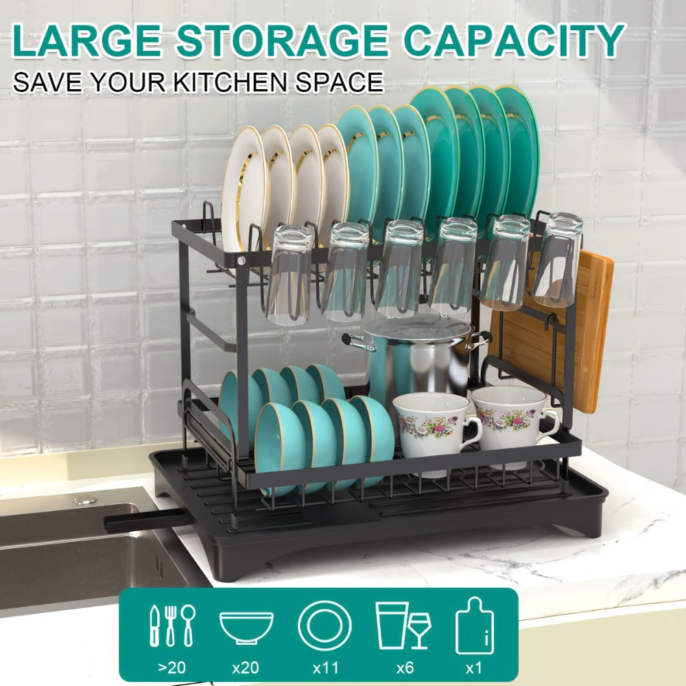 2-Tier Collapsible Dish Rack – Carbon Steel Kitchen Drainer – feature reference