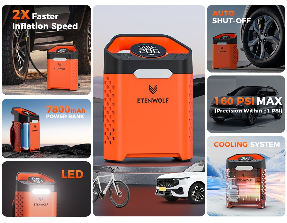 ETENWOLF - Tire Inflator Portable Air Compressor, 1 Min Fast Inflation & 100% Duty Cycle, Air Pump For Cars, SUVs, Bikes, Balls