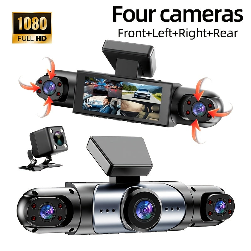 Vehicle-mounted 4-channel 360-degree Panoramic Dash Cam, Featuring A 3-inch IPS HD Screen With Front And Rear Built-in Cameras, Four Lenses Covering Front, Rear, Left, And Right, 1080P HD Quality + 8 Infrared Night Vision, Loop Recording, G Sensor