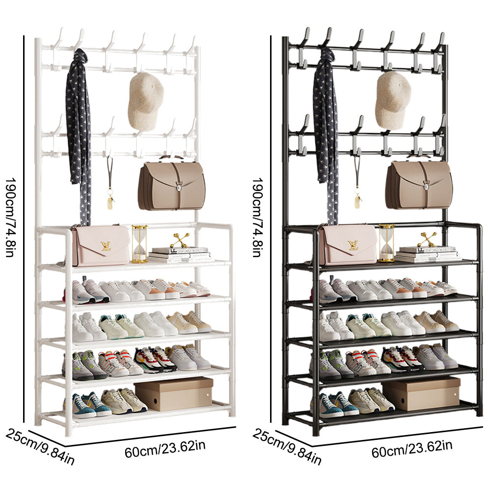 5-Layer Clothes Hanger Shoe Rack Combination, Shoe Organizer at The Entrance, with 12 Hooks And 10 Storage Bags, Corridor Rack for Storing Shoes, Clothes, Jackets, Hats, Bags, Umbrellas, Home Additions