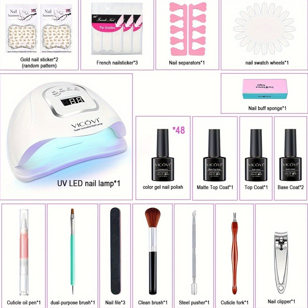 48/60pcs Gel Nail Polish Kit with Light Gel Nail Polish Set with Base Matte Glossy Top Coat All Seasons Manicure Tools Kit for Women