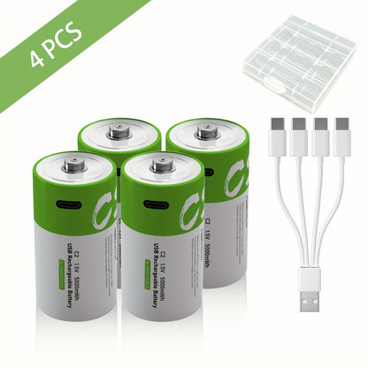 4pcs SMARTOOOLS High-Capacity 5000mWh C Lithium Rechargeable Batteries with Type-C Cable - 3300mAh 1.5V, 1200 Cycle Life, Fast 2.5H Charge, USB-Powered Devices, Smart Power Management, Compatible with Smartphones, Tablets, Laptops, Cameras, Hoverboards, S