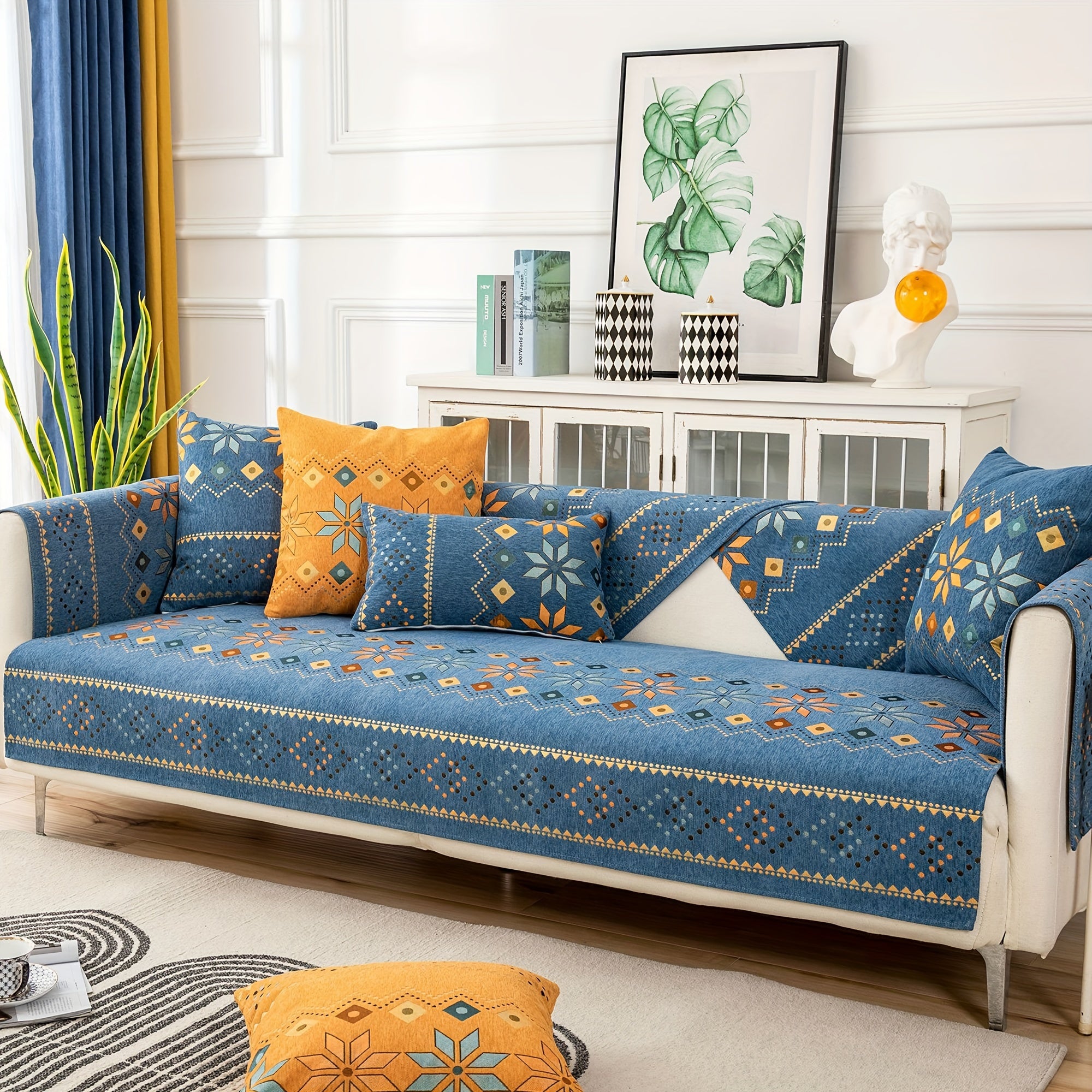 1pc Bohemian Chenille Sofa Cover with Geometric Embroidery - Pet-Friendly Thick Plush Slipcover, Non-Slip One-Piece Design for Sectional Couches, Machine Washable Furniture Protector for Living Room, Bedroom, Office Decor, Durable Slipresistant Fabric