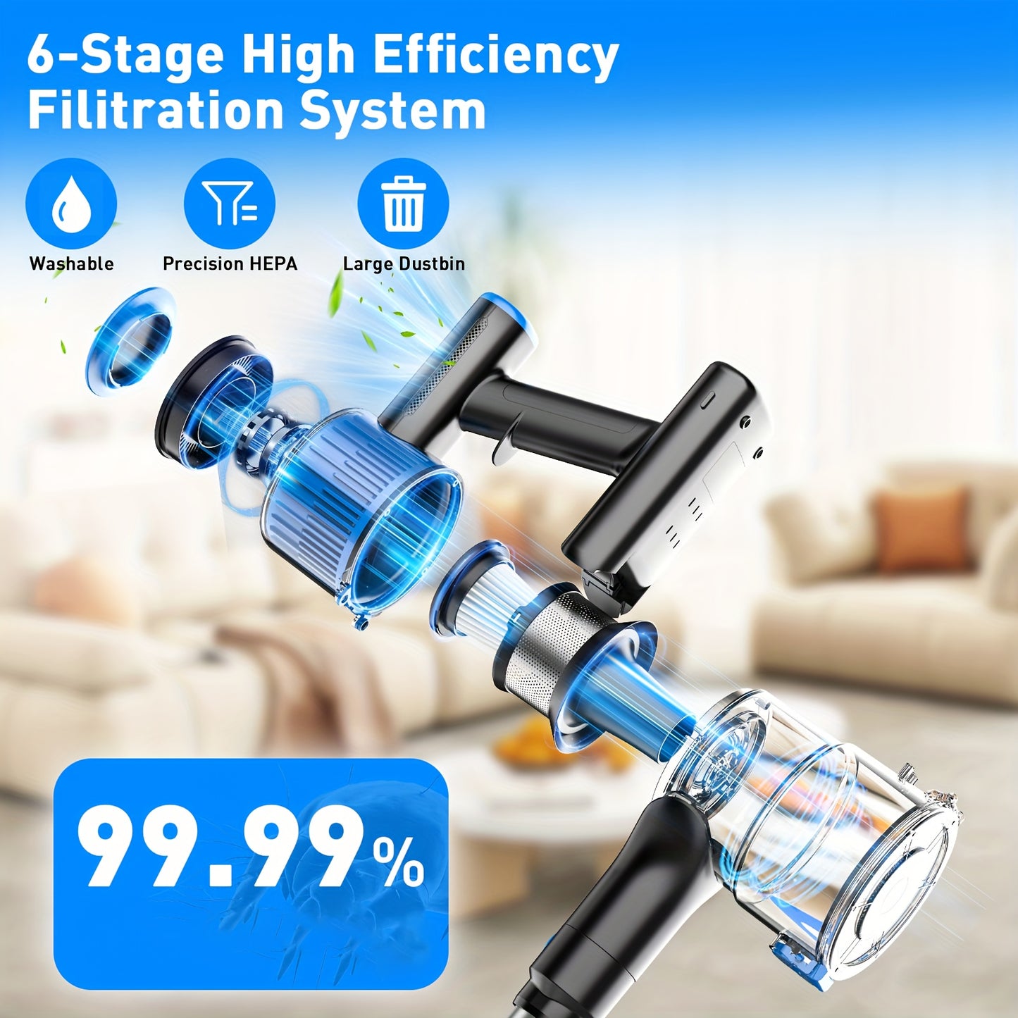 Cordless Vacuum Cleaner, 45KPa Powerful Cordless Vacuum Cleaner, 2200-2500mAh,, Anti-Tangle FloorBrush, 8-in-1 Vacuum Cleaners for Home, Lightweight Powerful Stick Vacuum Cleaner, Rechargeable Vacuum for Carpet, Pet Hair, Tile