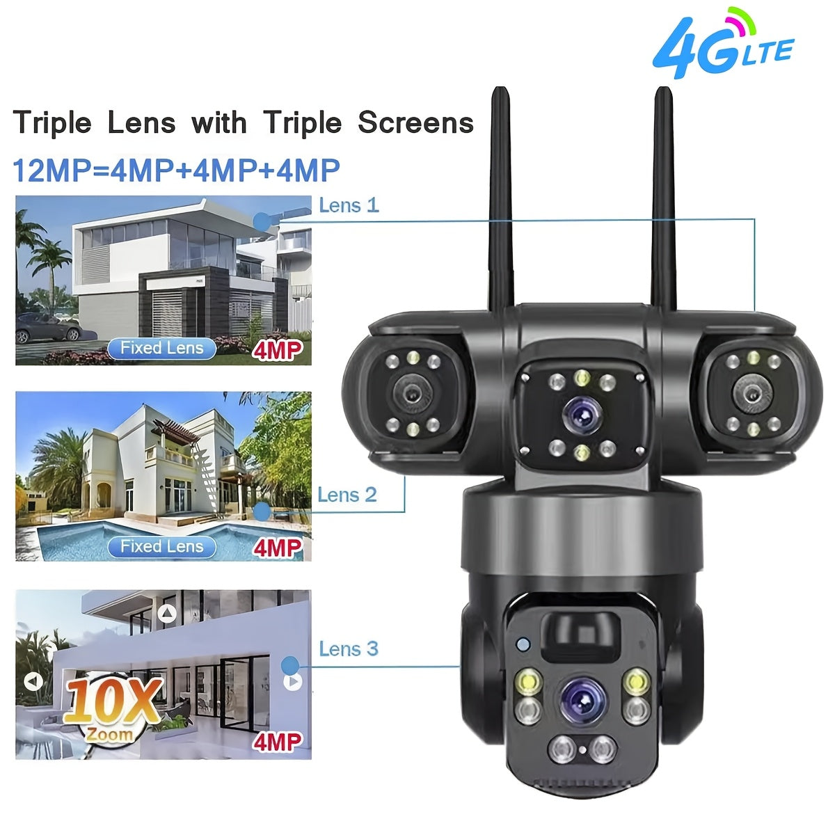 12MP Outdoor Wild Farms Security Camera, 3-In-1 LTE4G WIFI Wireless Solar Battery Powered Adjustable 3 Lens 3 Screen PTZ Outdoor Surveillance CCTV Security Camera, SIM Card Not Included, Color Night Vision, Spotlight/Alert, AI Detection, 2-Way Talk