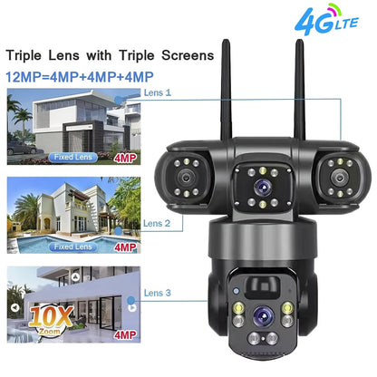 12MP Outdoor Wild Farms Security Camera, 3-In-1 LTE4G WIFI Wireless Solar Battery Powered Adjustable 3 Lens 3 Screen PTZ Outdoor Surveillance CCTV Security Camera, SIM Card Not Included, Color Night Vision, Spotlight/Alert, AI Detection, 2-Way Talk