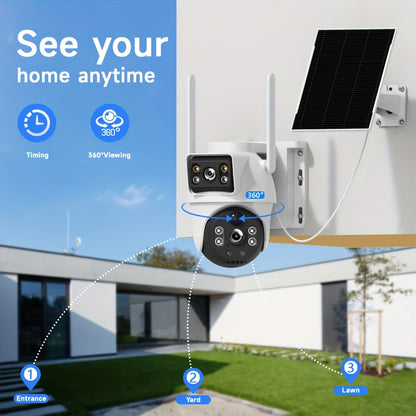 8MP Dual Lens Solar Security Camera Wireless Outdoor, 360° PTZ View Battery Outdoor Cameras for Home Security, Color Night Vision with Spotlight, 2-Way Audio, PIR Human Motion Alarm, SD Card/Cloud, IP65