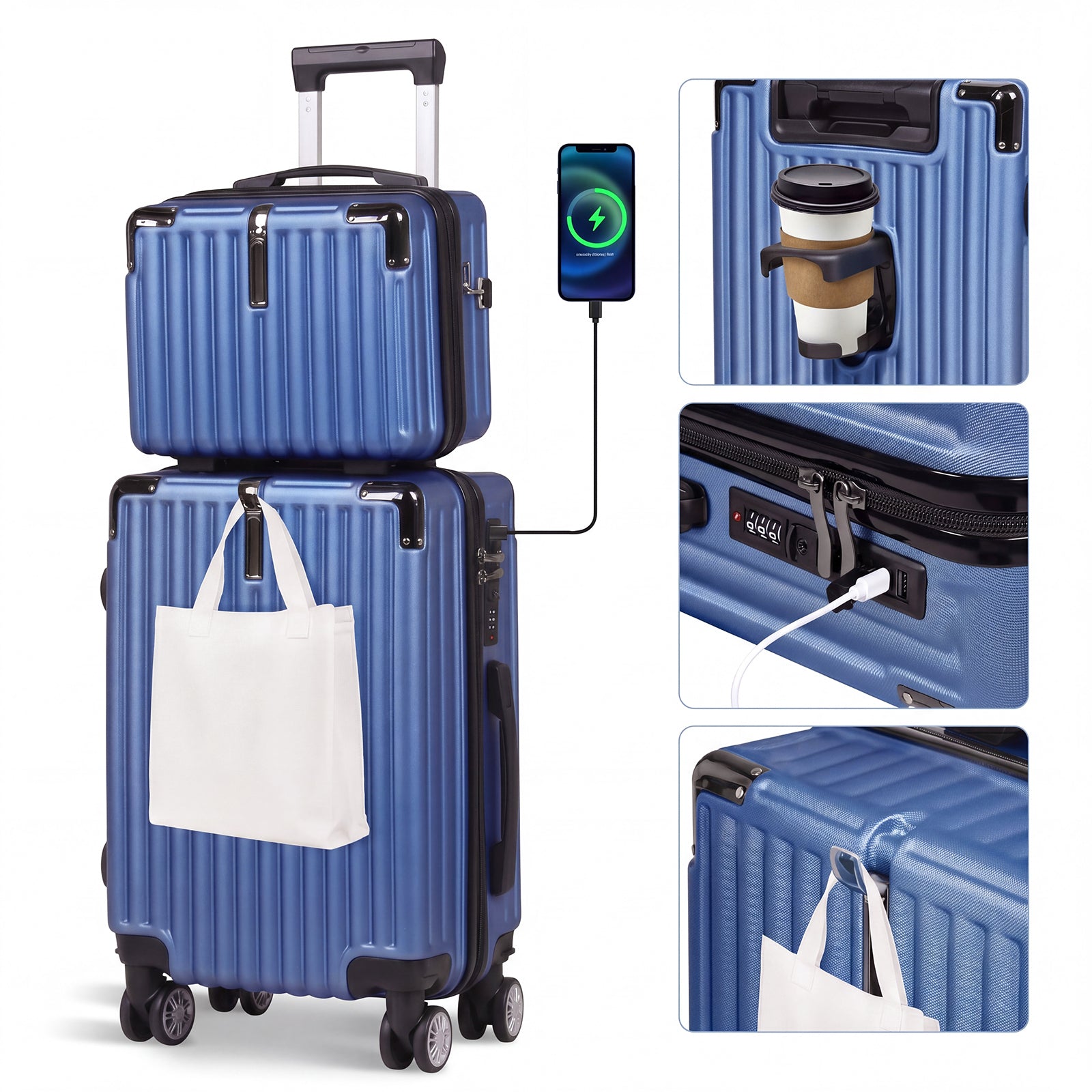 Advwin 2pcs Luggage Set (20+14 Inch), Carry On Hardshell Luggage with Power Bank Pocket, Cup Holder, 360° Wheels for Travel