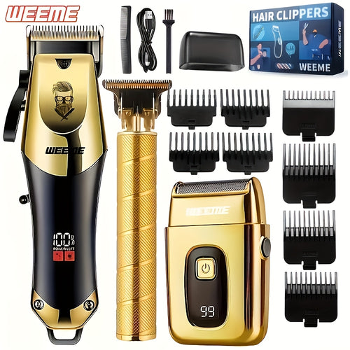 WWEEME 3pcs Men'S Professional Grooming Kit - USB Rechargeable Hair Clipper, Precision T-Trimmer And Electric Razor for Expert Beard And Hair Styling at Home Or on The Go, The Perfect Thoughtful Father'S Day Gift for Him