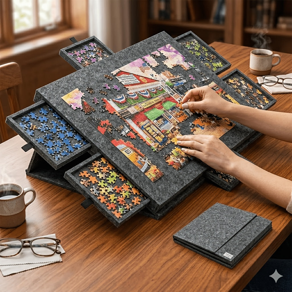 Portable 6- Drawer Felt Puzzle Board- Compact Foldable Design for Easy Storage& Sorting, Ideal for 100- 1000pcs Jigsaw Puzzles