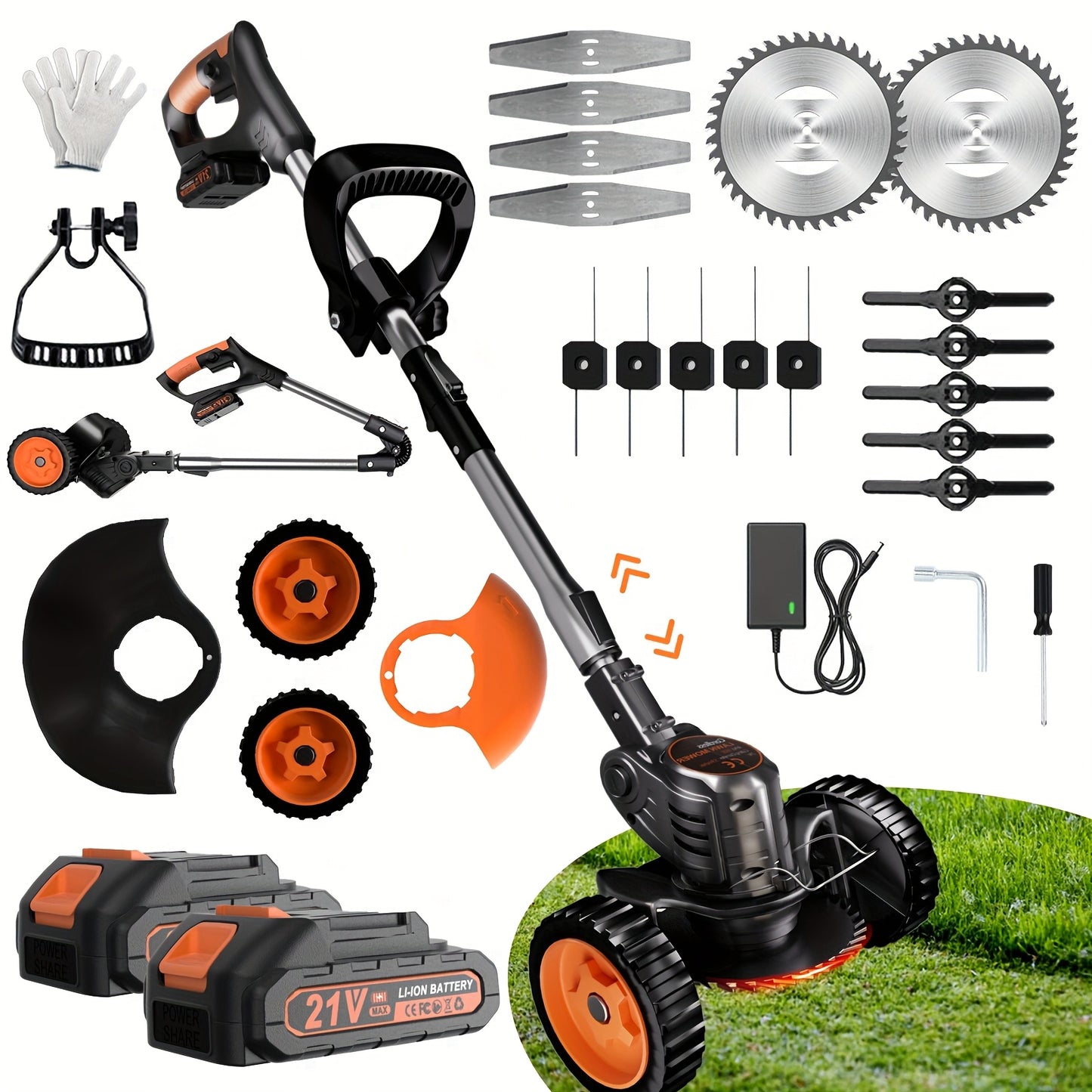 21V Battery Powered Electric Lawn Mower, Handheld Multi-Function Mower, Grass Trimmer with Two Batteries And Chargers, Three Blades And Training Wheels, Lawn Care And Garden Yard Work Tools