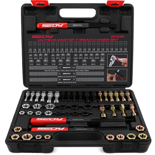 SEDY 49pcs Thread Cleaner Rethreading Kit, Thread Repair Thread Chaser Tool Set - Metric SAE Bolt Restorer Nut Rethreader Automotive Wheel Stud Spark Plug Engine Standard Screw Threading UNC UNF