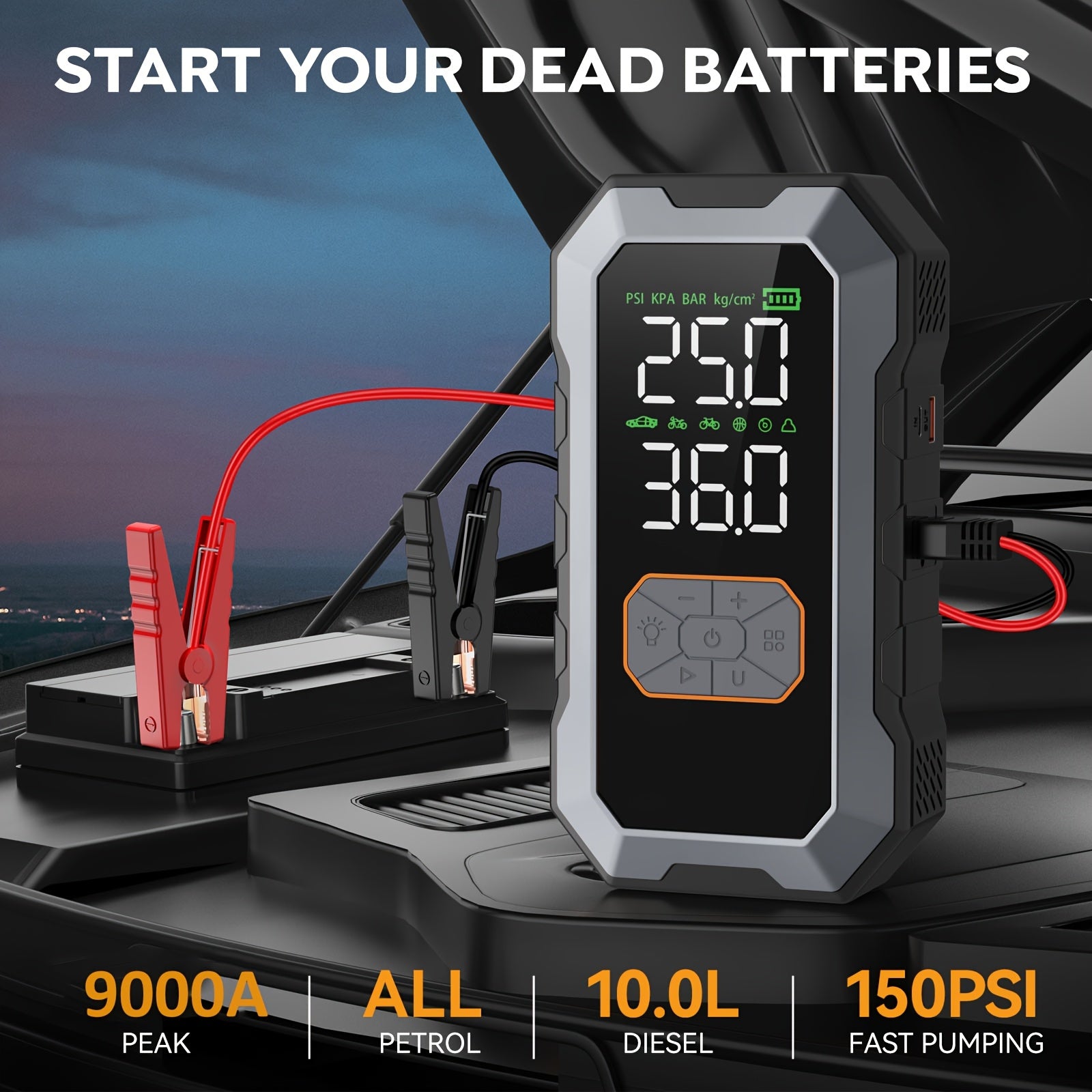 9000A Car Jump Starter with Air Compressor Cordless Tire Inflator, 25000mAh Battery Booster with Power Bank Pack & LED Flashlights, 12V Auto Jumper Box for All Gas Or 10.0L Diesel Vehicles, Dual Air Pressure Display