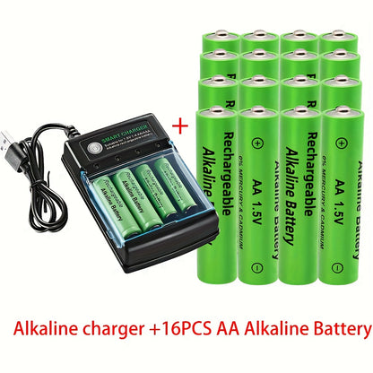 16pcs Alkaline Battery with Charger, 1.5V Alkaline AA/AAA Rechargeable Battery Cell for LED Light Toy MP3 Clocks And Electronic Games Toy, Alkaline Triple A Battery, Double A Rechargeable Batteries, Rechargeable Aaa Batteries, Household Essentials