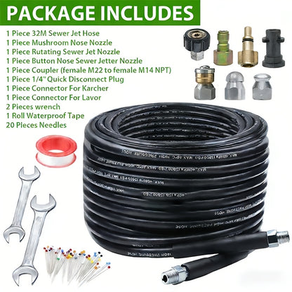 Sewer Jetter Kit for Pressure Washer, 5800PSI Drain Cleaner Hose 1/4 Inch NPT Corner, Rotating and Button Hose Sewer Jetting Nozzle Pearl Corsage Pin Waterproof Tape with 2 Spanner