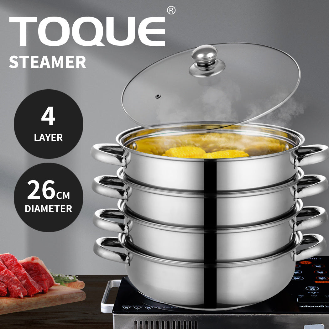 TOQUE 3 or 4 Layer Stainless Steel Steaming Pot – Heavy Duty Kitchen Steamer for Meat, Vegetables & Seafood, Compatible with Gas, Electric & Induction Cooktops
