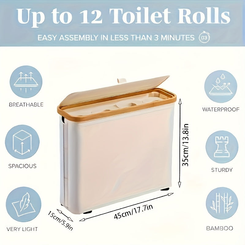 Toilet Paper Storage Basket, Papers Container with Bamboo Lid, Medium Toilets Holder for Up to 12 Rolls, Toilet Paper Storage Cabinet for Bathroom, Multi-Functional Collapsible Storage Basket, Toilet Paper Storage Containers