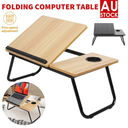 Adjustable Lap Desk Bed Table Tray, Foldable Laptop Table, Laptop Stand with Cup Holder Lifting Handle for Working Writing Drawing Eating