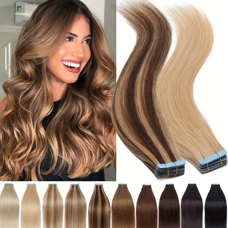 20pcs (50g/Pack) Brazilian Human Hair Tape In Extensions Suitable for Women - Straight Hair with Tape- Weft System, Seamless Blending for Volume & Length, Hair Extensions for Cosplay, Daily Wear, Gift for Hair Types