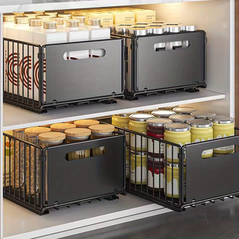 2pcs Pull Out Cabinet Organizer, Collapsible Pull Out Drawers for Cabinets Fixed with Adhesive Film, Slide Out Shelf Storage Basket for Kitchen Bathroom Home, Large