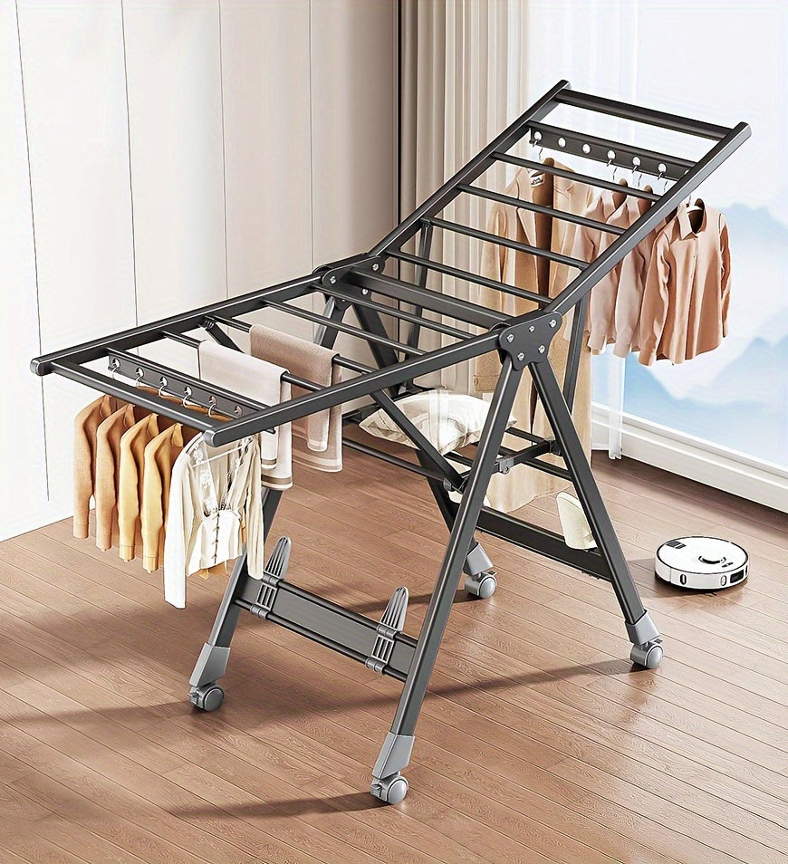Folding Clothes Drying Rack, Heavy-Duty Aluminium, Height-Adjustable, with Shoe Rack, Large Portable Foldable Design for Indoor/Outdoor Use, No Tools Assembly, A-Frame Stability, Mobile Clothes Drying Rack, with 4 Casters, Gray, Drying Racks