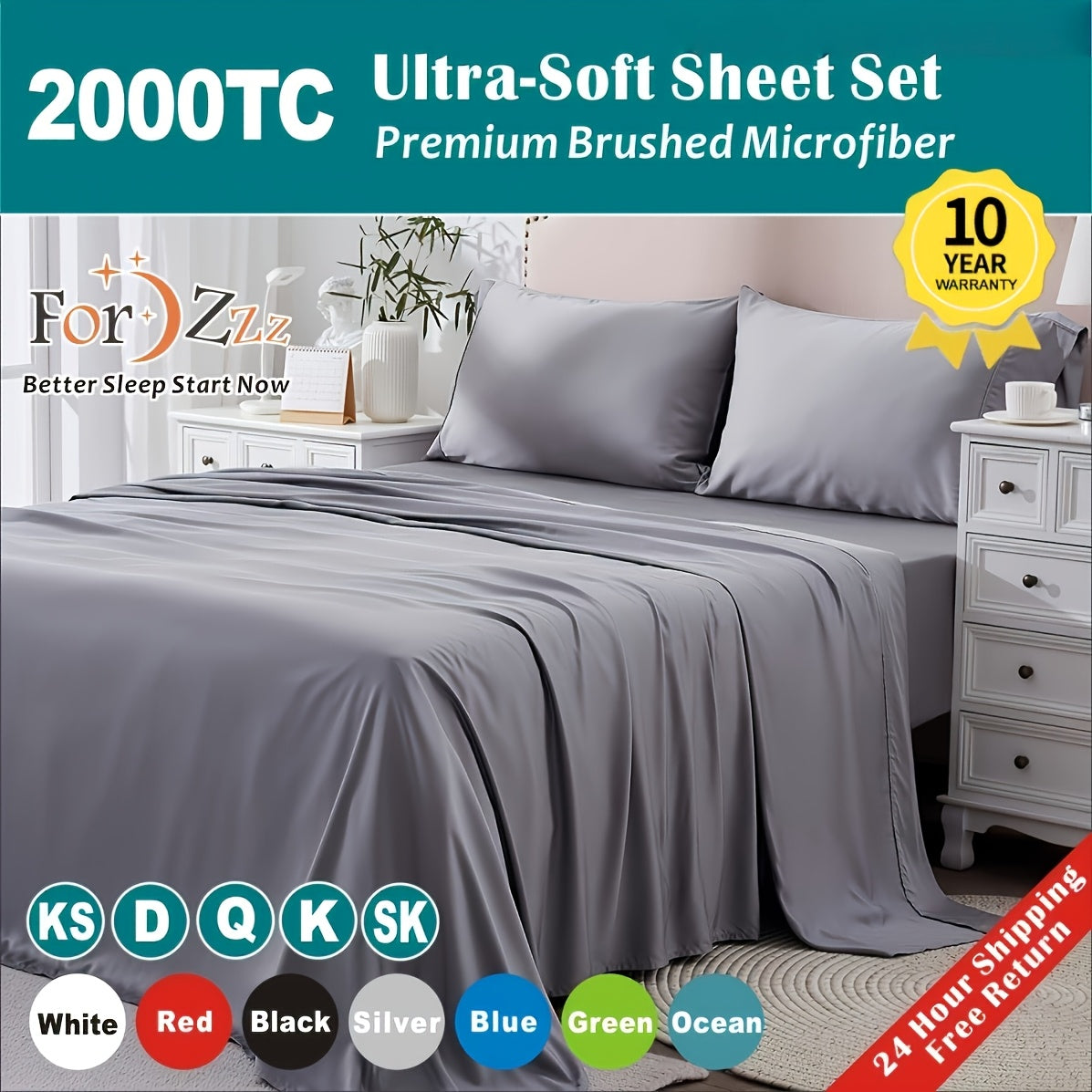 2000TC Hotel Soft 3 Or 4pcs Flat Fitted & Pillowcase Sheet Set, Single/King Single/Double/Queen/King/Super King, 40cm Deep Pocket, Ultra Soft, Breathable, Perfect for Winter Comfort, All Season, ForZzz Au Brand Bedding Sheet Set