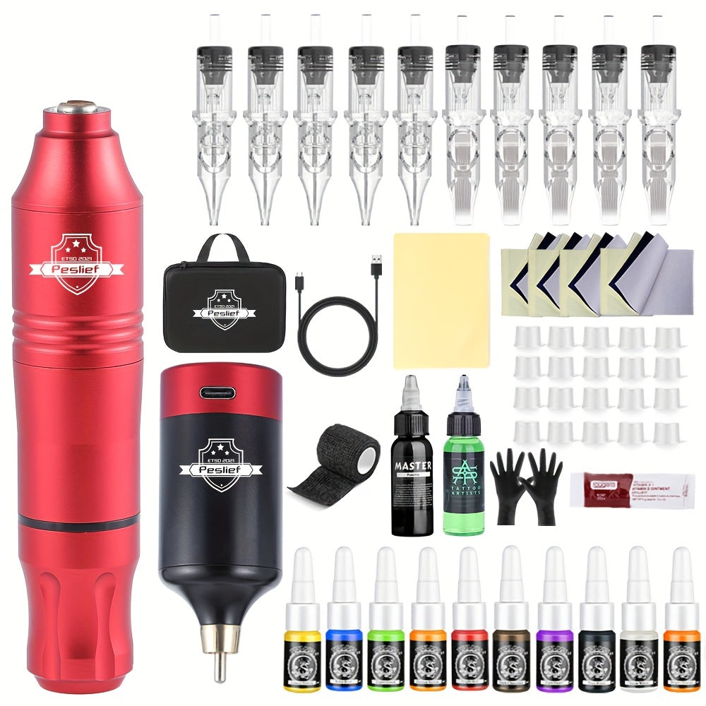 Professional Tattoo Pen Kit - Wireless Tattoo Gun Kit - Rotary Tattoo Machine Kit with Power Supply - 10pcs Cartridge Needle - Complete Tattoo Kit for Tattoo Artist - Tattoo Supplies