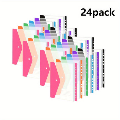 24pcs A4 Plastic File Folder, 11-Hole Buckle Sealed Envelopes, 6 Color Stereoscopic Transparent File Bags, Expandable A4 Expandable Punched Pockets