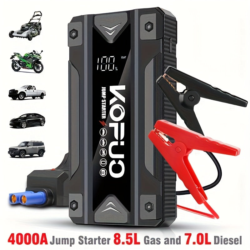 KOPUO 4000A Portable Car Battery Jump Starter - Professional Vehicle Additions (Supports Up to 9.0L Gas/8.0L Diesel) 12V Power Bank, Car Battery Booster Featuring Smart Safety Cable, LCD Screen, LED Light for Trucks, Suvs, Kayaks