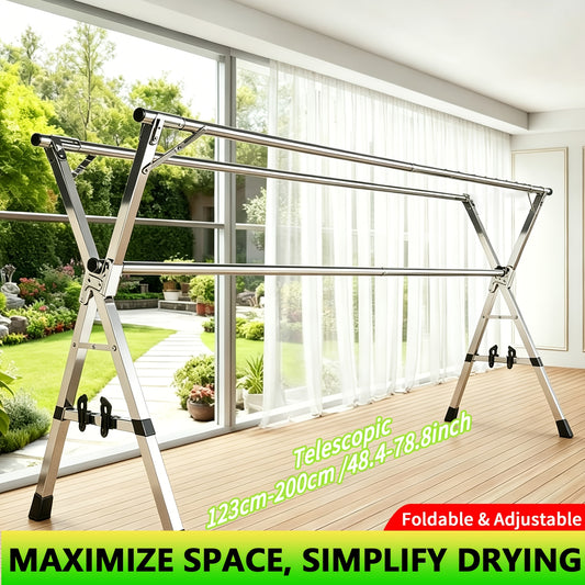 Stainless Steel Folding Clothes Drying Rack, 1pc, Space-Saving, 199.9cm Telescopic Laundry Drying Rack, Collapsible Drying Line for Balcony, Laundry Room, Indoor&outdoor, No Assembly Needed, Ideal Gift, Suitable for Home & Travel, Drying Line