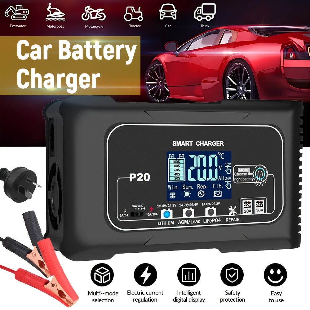 20 Amp Car Battery Charger 20A 12V/24V Smart Fully Automatic Battery Charger Maintainer Trickle Charger For Car Truck Lawn Mower Boat Lead Acid AGM GEL SLA Repair Lithium LiFePO4 Batteries, Without Battery