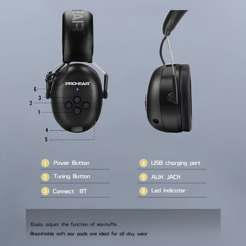PROHEAR Wireless Electronic Noise-Canceling Headphones, Wireless 5.0 Ear Muffs for Outdoor Sports, Music, And Charging, Ideal for Studying, Mowing, And Safe Hearing Protection, Foldable Design, Perfect Holiday Gift