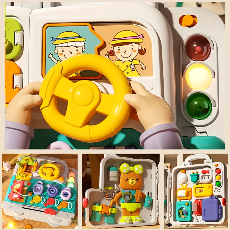 Engaging Busy Board Activity Set Featuring a Steering Wheel, Travel Recognition Activities, Dressing Scene Play, and a Cute Bear Busy Board for Enhanced Learning and Development. Perfect for Toddlers and Young Children