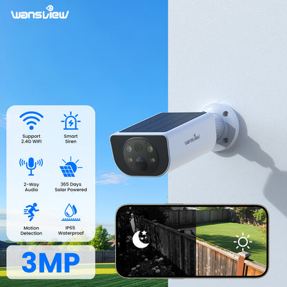 Wansview Solar Security Cameras Wireless Outdoor High Quality, Wireless Security Camera, 2.4Ghz Wifi Cameras for Home Security, Continuous Power, Color Night Vision, 2K Resolution, Two Way Audio, Motion Detection, SD Card/Cloud Storage