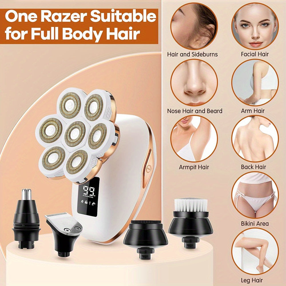 Women's 5-in-1 Electric Razor & Trimmer - 7D Rechargeable Shaver with Lithium-Ion, Painless Hair Removal for Face, Bikini, Legs, Arms, Pubic Area, Armpits - Complete Grooming Kit with Heads & (White)